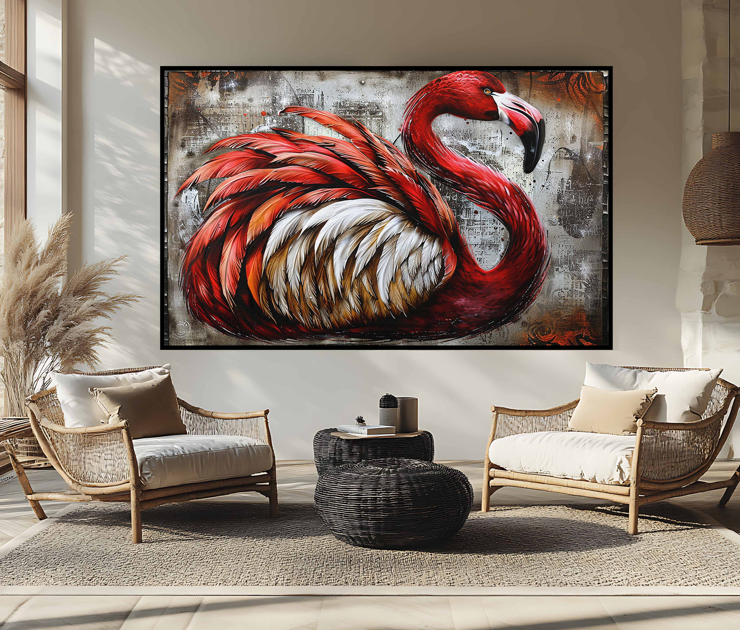 Crimson Majesty: Modern Abstract Flamingo Canvas Wall Art