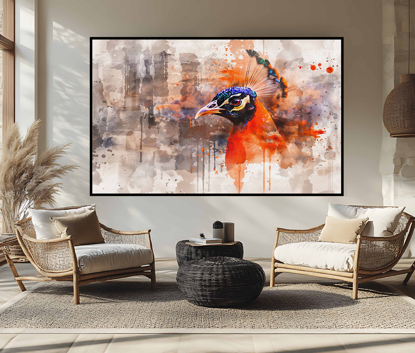 Vibrant Peacock Majesty: Abstract Watercolor Canvas Wall Art