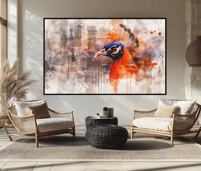 Vibrant Peacock Majesty: Abstract Watercolor Canvas Wall Art