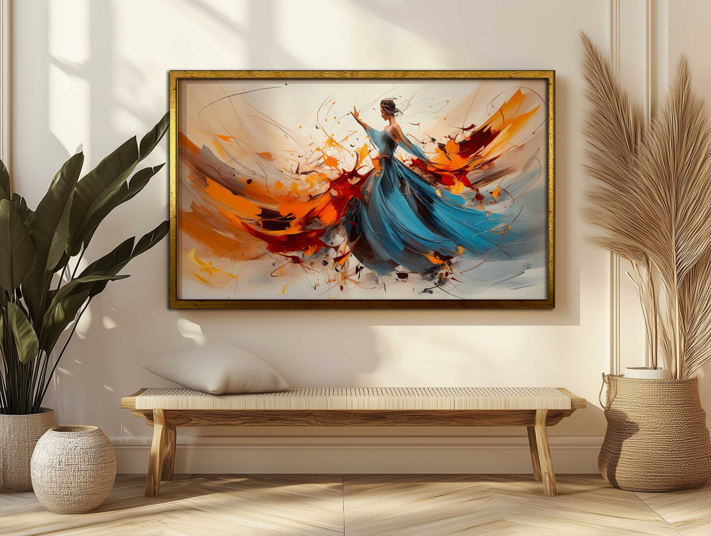 Abstract Woman in Blue Dress Canvas Art - Dynamic Motion Wall Decor - Vibrant Orange and Blue Expressive Painting for Modern Home
