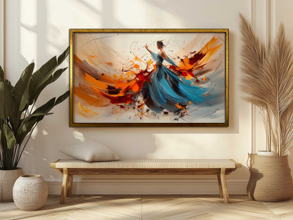 Abstract Woman in Blue Dress Canvas Art - Dynamic Motion Wall Decor - Vibrant Orange and Blue Expressive Painting for Modern Home