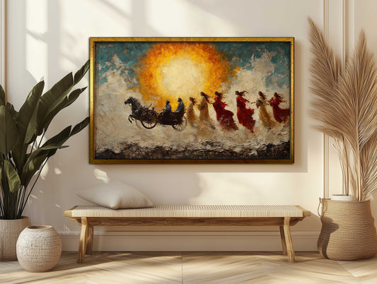 Celestial Journey Mythology Canvas Art - Ethereal Chariot & Figures Oil Painting Style - Impasto Textured Wall Decor for Living Room or Study