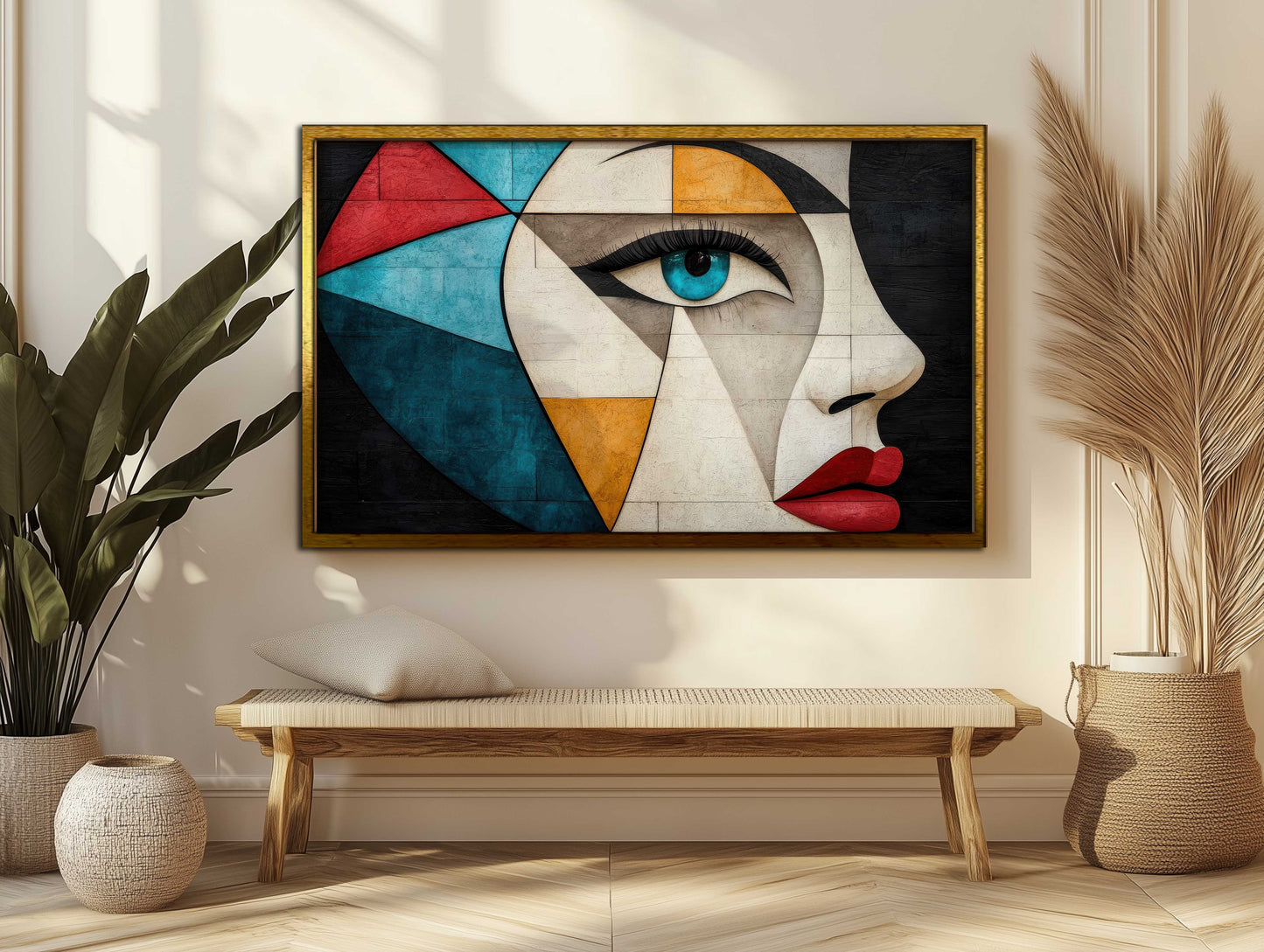 Modern Cubist Profile Canvas Art - Geometric Face Wall Decor - Abstract Blue Eye & Red Lips Print