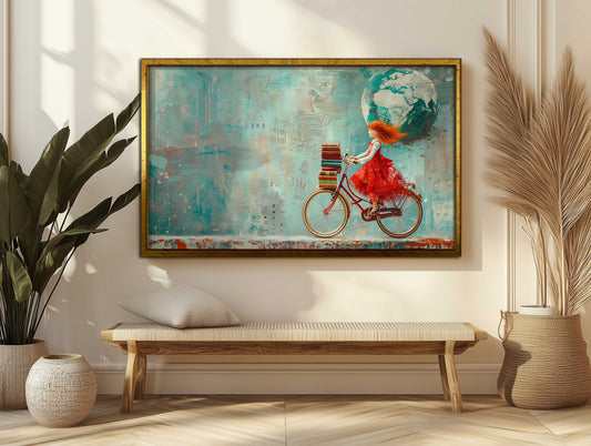 Whimsical Adventure Canvas Art - Girl on Bicycle with Books and Globe - Vintage Mixed Media Collage Wall Decor for Nursery or Library