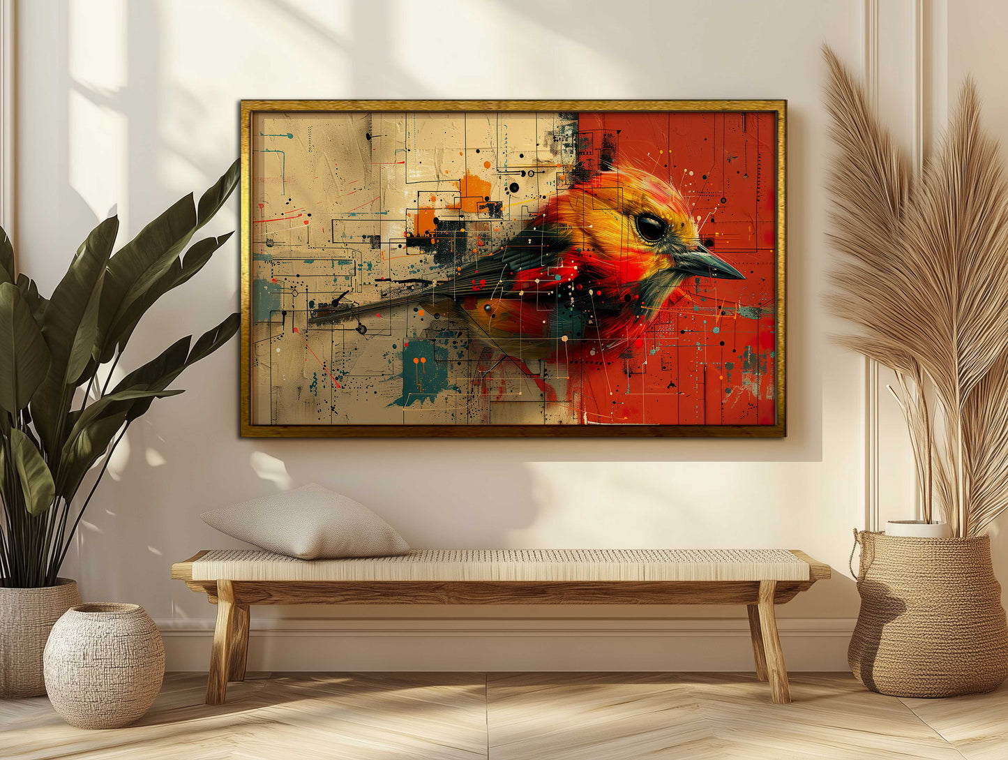 Abstract Geometric Bird Canvas Art - Modern Colorful Digital Painting - Vibrant Nature Wall Decor for Home or Office