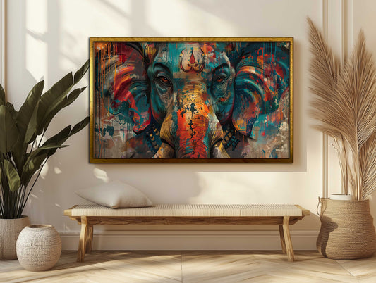Vibrant Abstract Ganesha Canvas Art - Modern Spiritual Hindu Deity Wall Decor - Colorful Street Art Style Elephant God Paintingoom, Studio, or Office (Kopya)