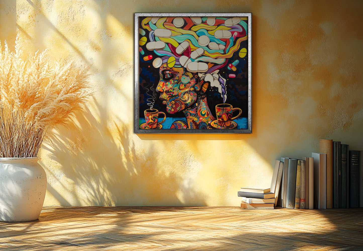 "Cosmic Caffeine and Clarity" - Psychedelic Canvas Painting of Coffee and Pills