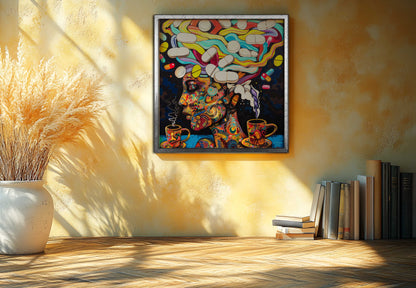 "Cosmic Caffeine and Clarity" - Psychedelic Canvas Painting of Coffee and Pills