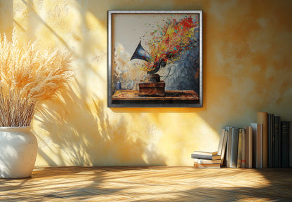 Sonic Spectrum: Explosive Vintage Gramophone Abstract Canvas Art
