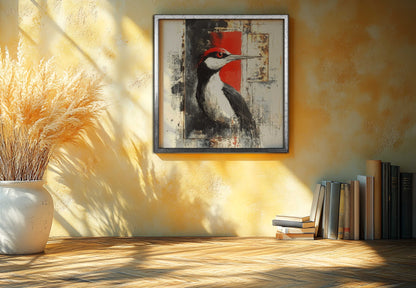 Crimson Crest | Modern Abstract Woodpecker Mixed Media Canvas Art