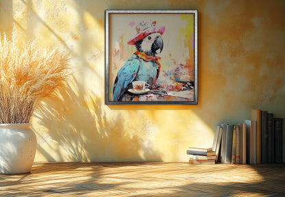 "The Tea Party Traveler" | Whimsical Surrealist Parrot Canvas Art