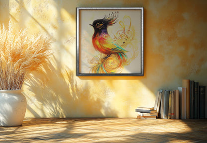 Golden Symphony: Vibrant Canvas Art of a Whimsical Firebird