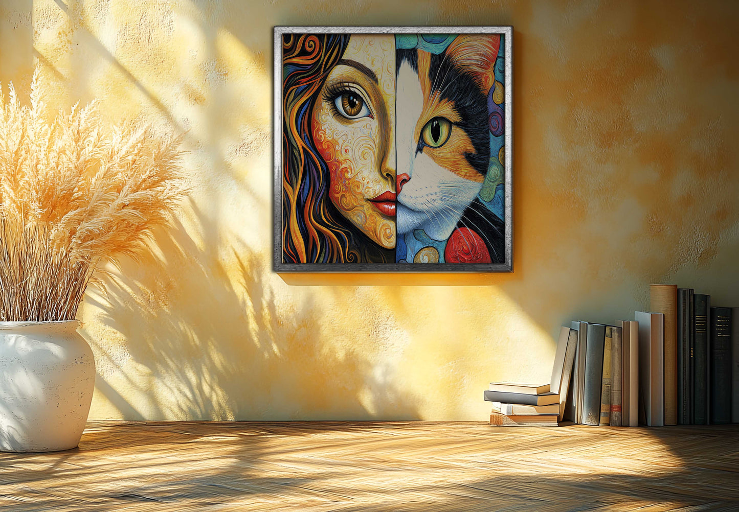 Soul Bond | Vibrant Impasto Woman and Cat Split Portrait Canvas Art