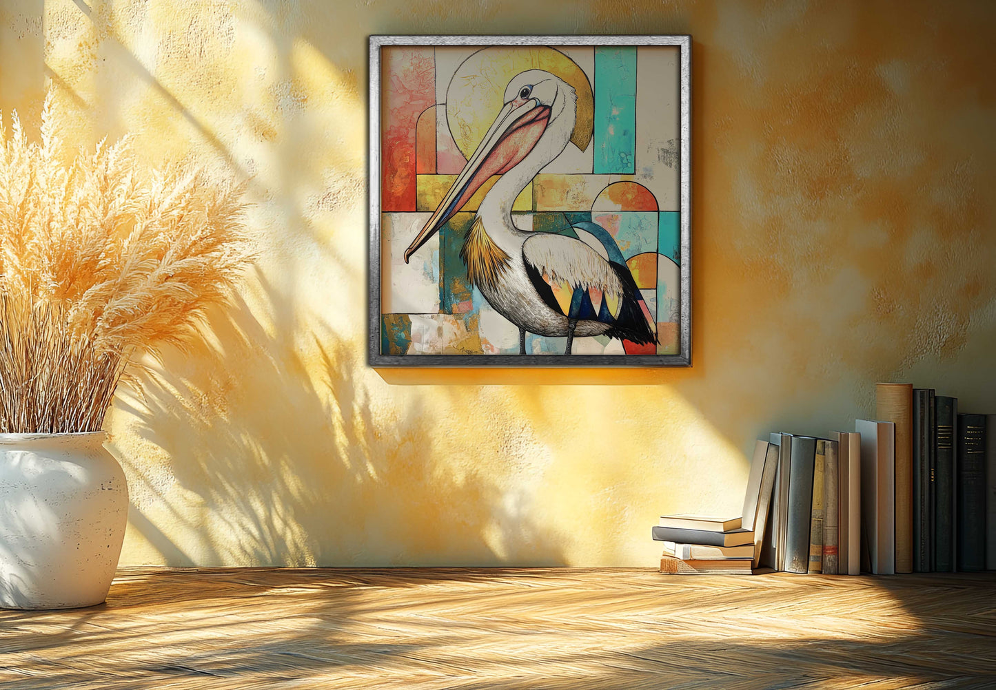 Aurelian Grace: Abstract Pelican Mixed-Media Canvas Art