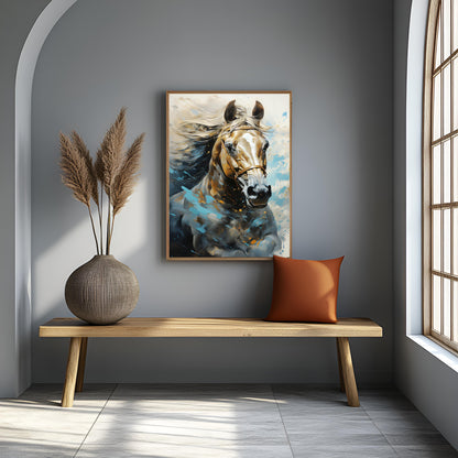 Dynamic Elegance: Golden and Blue Abstract Horse Canvas Painting