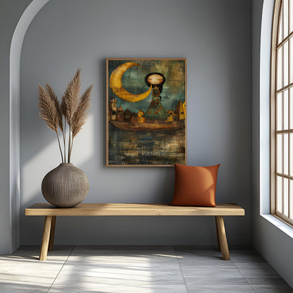 Whimsical Moon Maiden & Floating Town - Folk Art Canvas Painting
