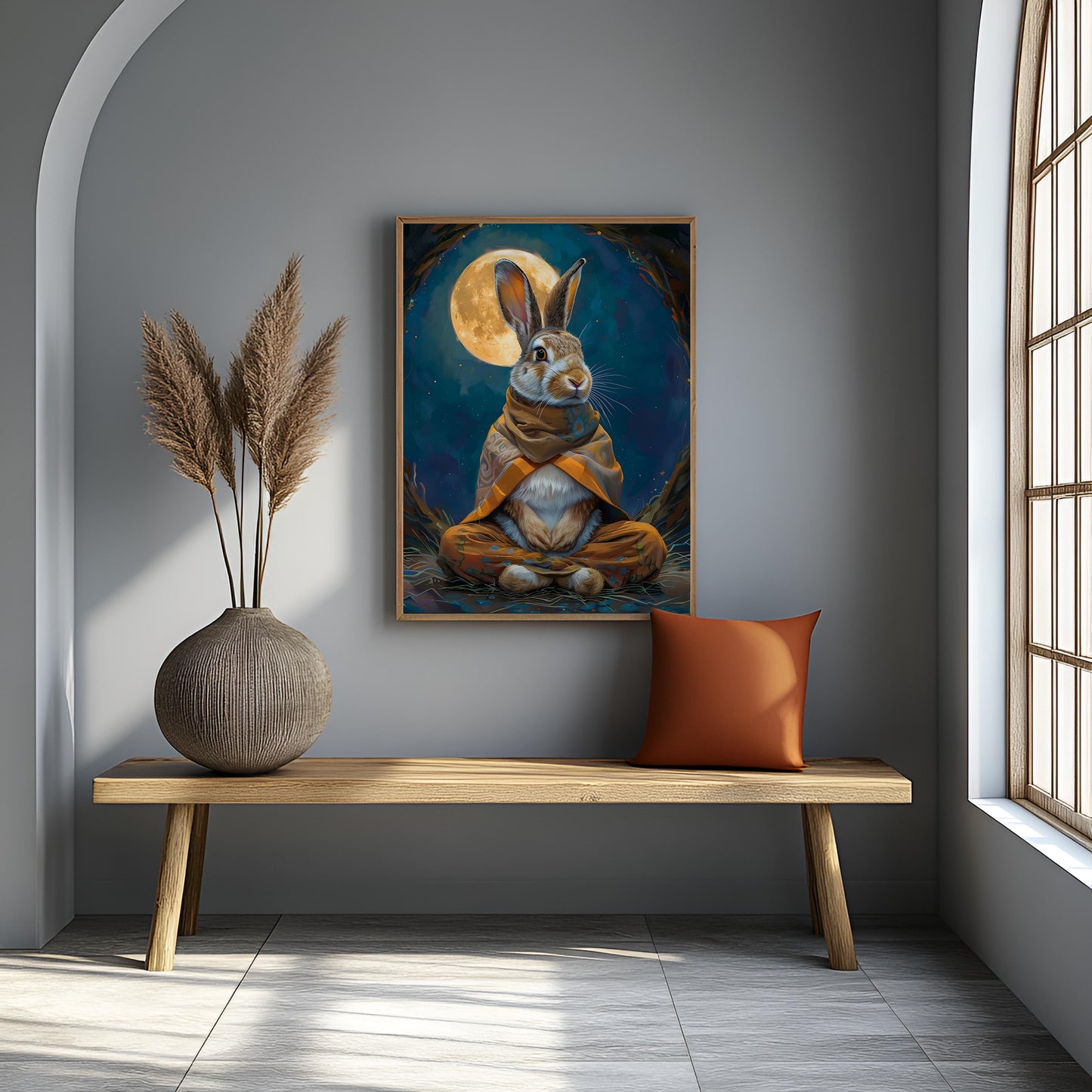 Meditating Hare Under Full Moon – Fantasy Animal Canvas Print