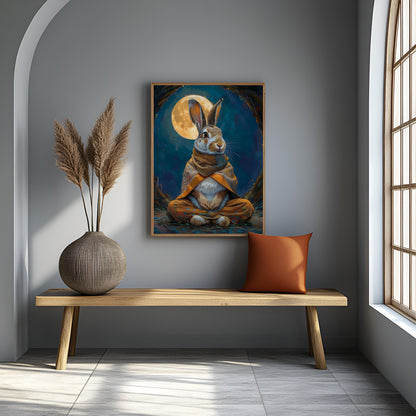 Meditating Hare Under Full Moon – Fantasy Animal Canvas Print