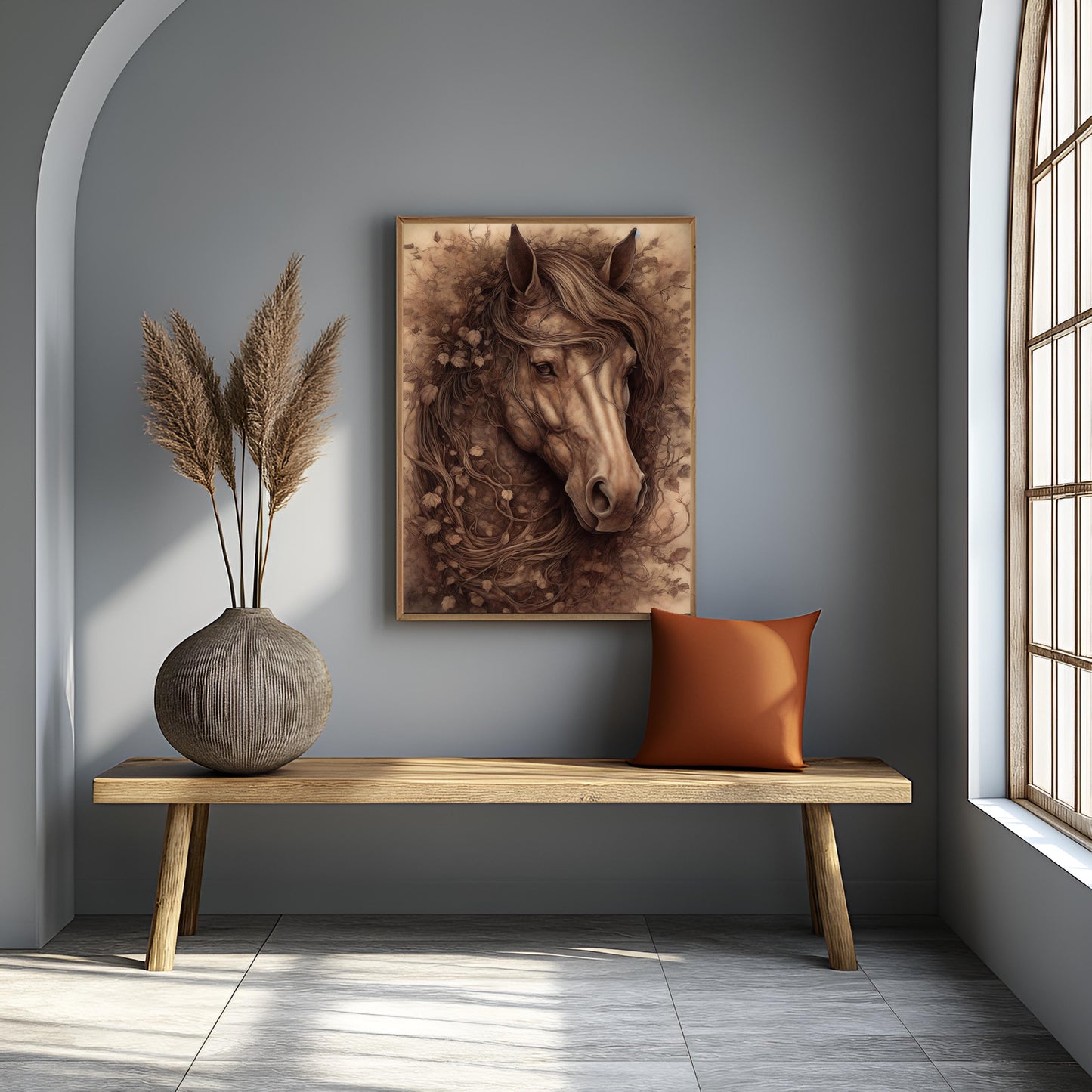 "Forest Spirit" – Rustic Sepia Horse with Botanical Mane Canvas Wall Art