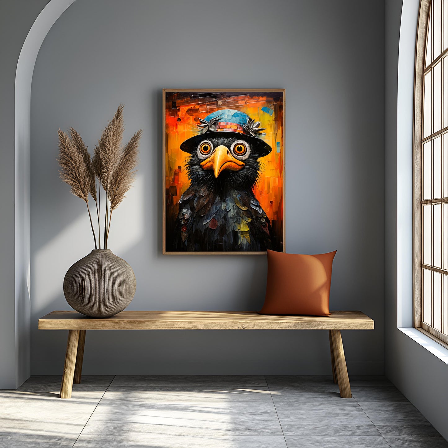 Whimsical Crow in Mosaic Top Hat – Vibrant Canvas Wall Art