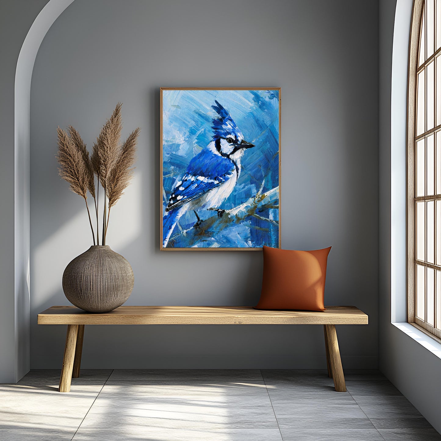 Impasto Blue Jay on a Winter Branch - Textured Canvas Painting