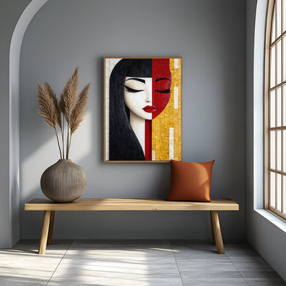 Abstract Split-Face Mosaic Woman Portrait – Black, Red, & Gold Canvas Wall Art