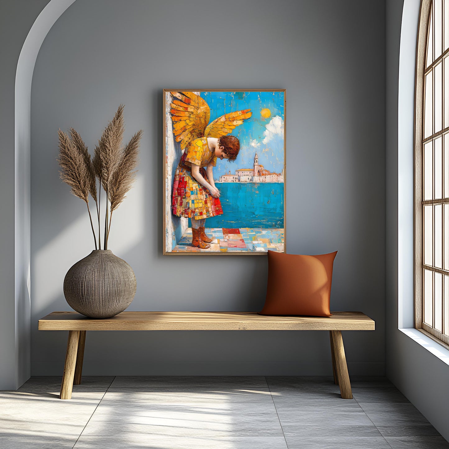 "The Contemplative Angel" - Heavily Textured Golden Wings Canvas Painting