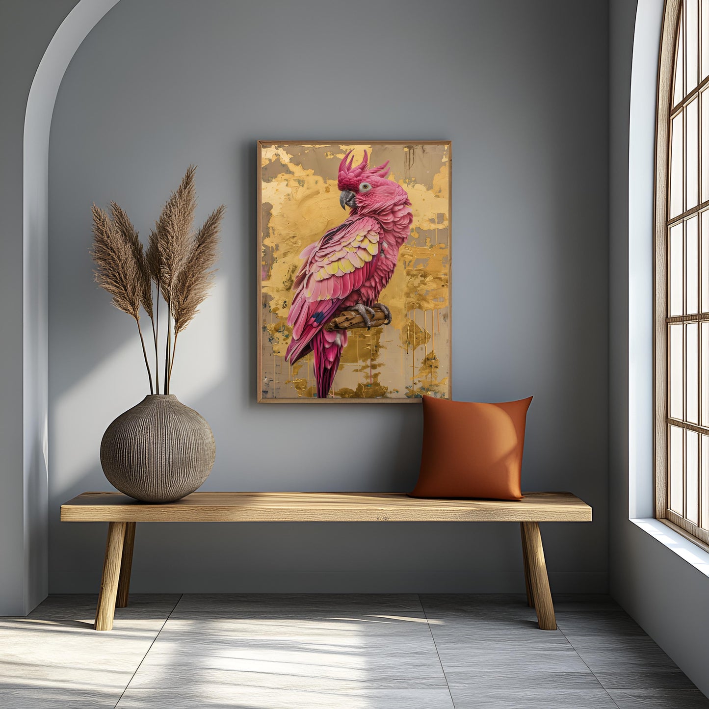 "The Gilded Galah" – Textured Pink Cockatoo & Abstract Gold Leaf Canvas Painting