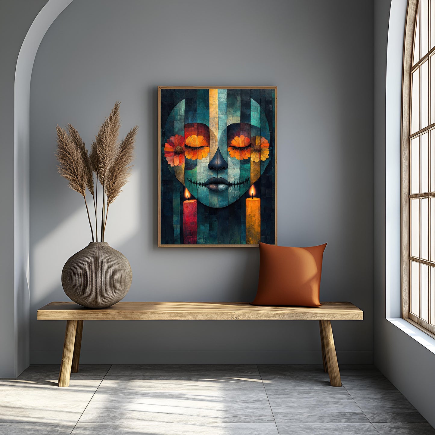 Mystic Calavera: Abstract Día de los Muertos Canvas Painting with Marigolds & Candles