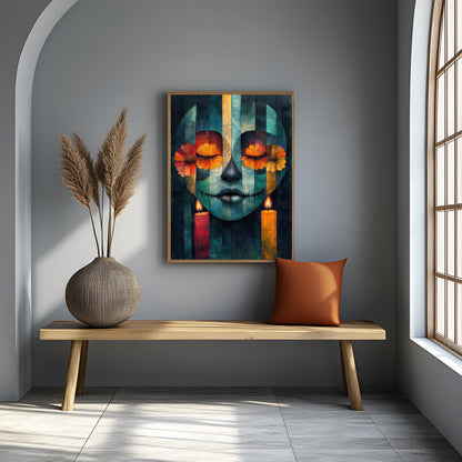 Mystic Calavera: Abstract Día de los Muertos Canvas Painting with Marigolds & Candles