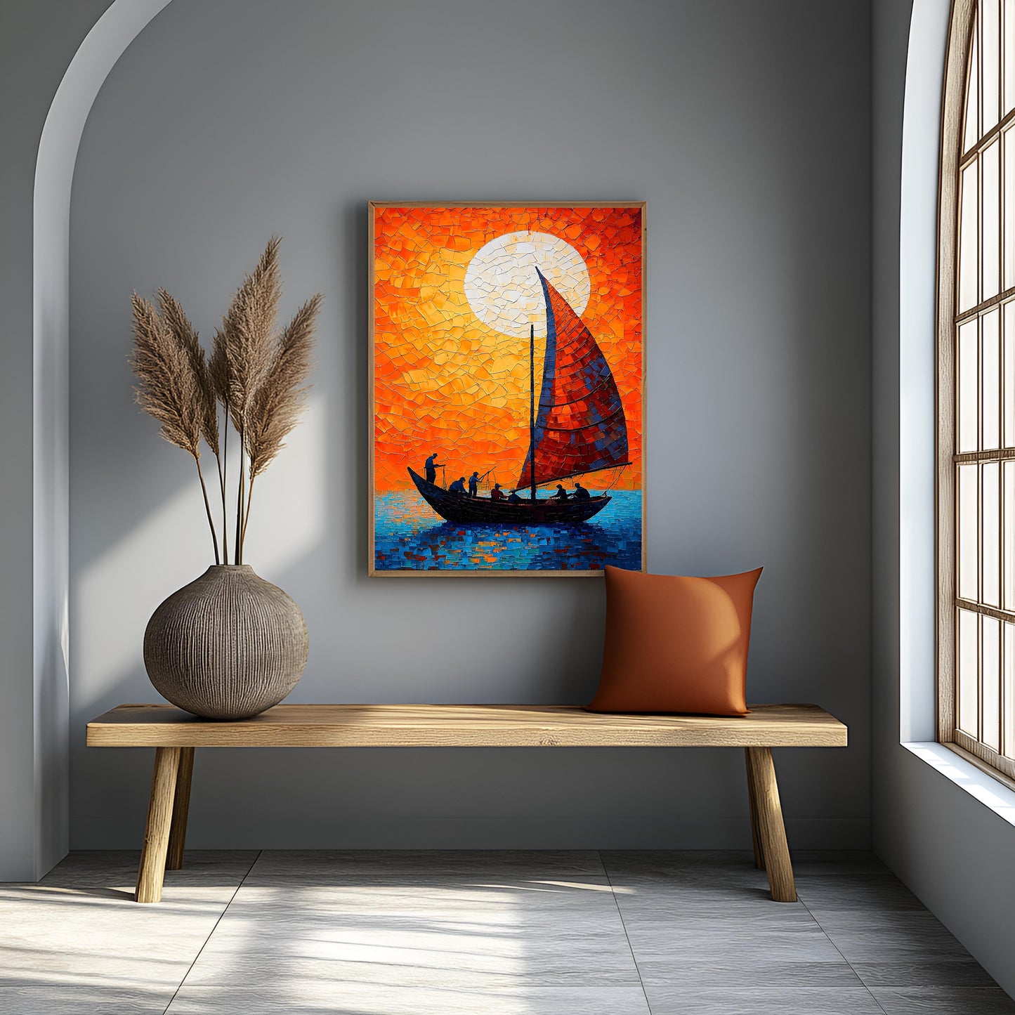 Fiery Sunset Sailboat – Textured Impasto Palette Knife Oil Painting on Canvas