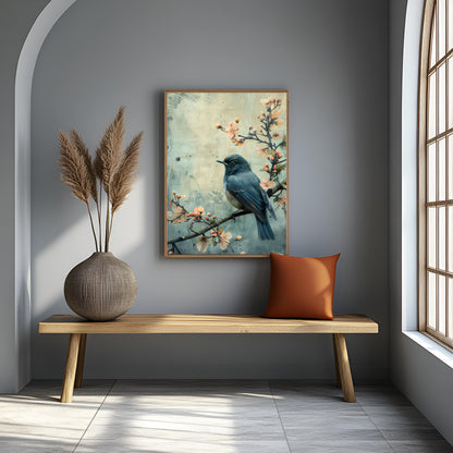 Vintage Blue Bird on Blossom Branch Canvas Painting
