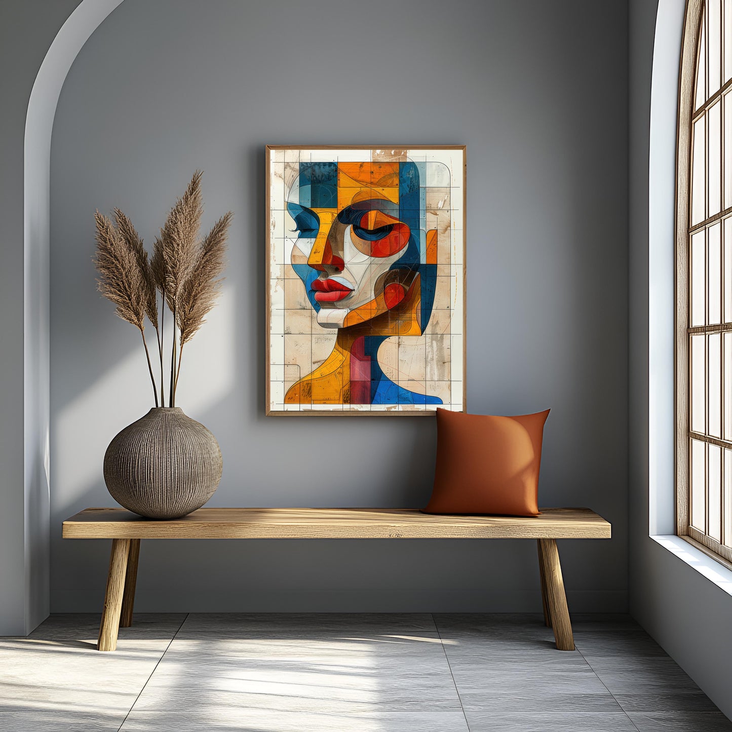 Architectural Abstract Face Canvas Painting - Geometric Cubist Portrait Wall Art