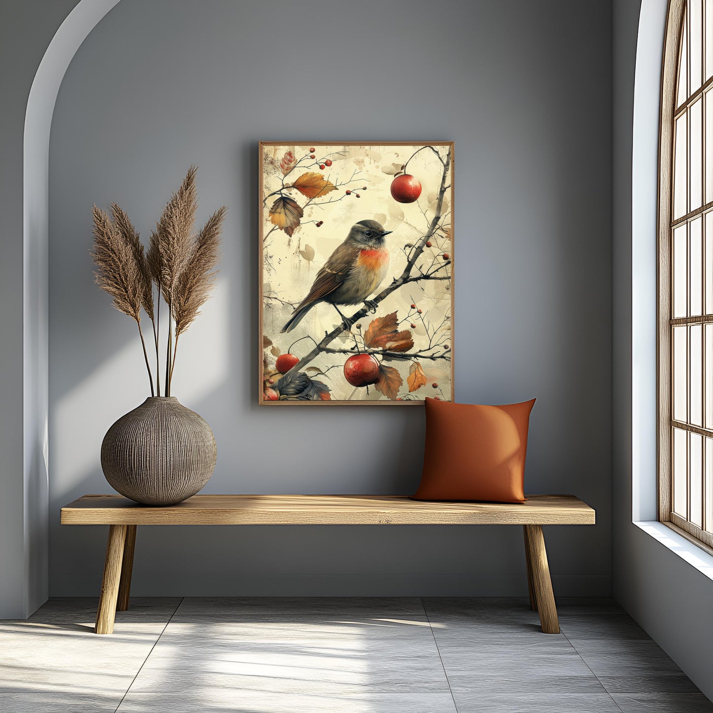 Vintage Autumn Robin & Berries - Rustic Canvas Wall Art