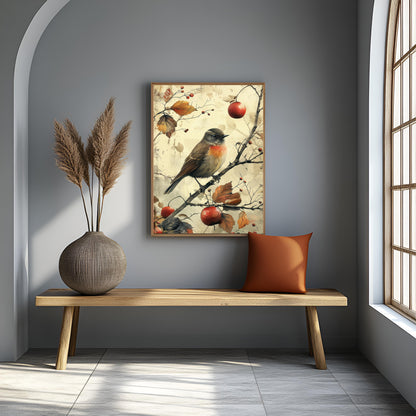 Vintage Autumn Robin & Berries - Rustic Canvas Wall Art