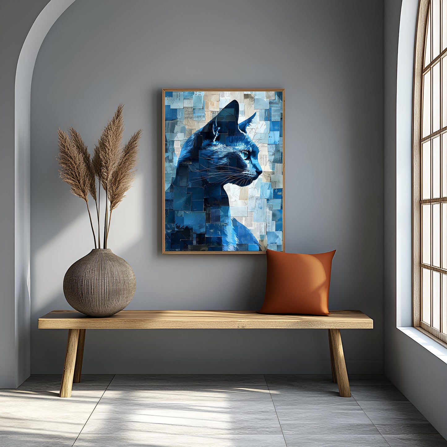 Abstract Blue Cat Collage – Mixed Media Style Canvas Art