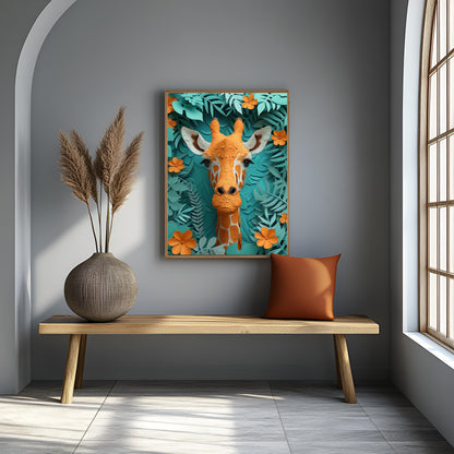 Whimsical Paper-Cut Style Giraffe Canvas Wall Art - Orange & Teal Jungle Decor