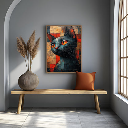 Abstract Cubist Cat Canvas Painting - Modern Geometric Wall Art