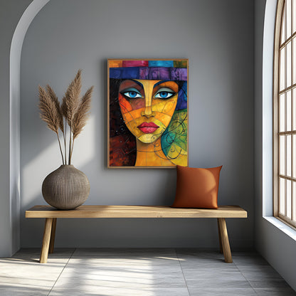 Vibrant Cubist Portrait: Abstract Woman's Face Canvas Painting