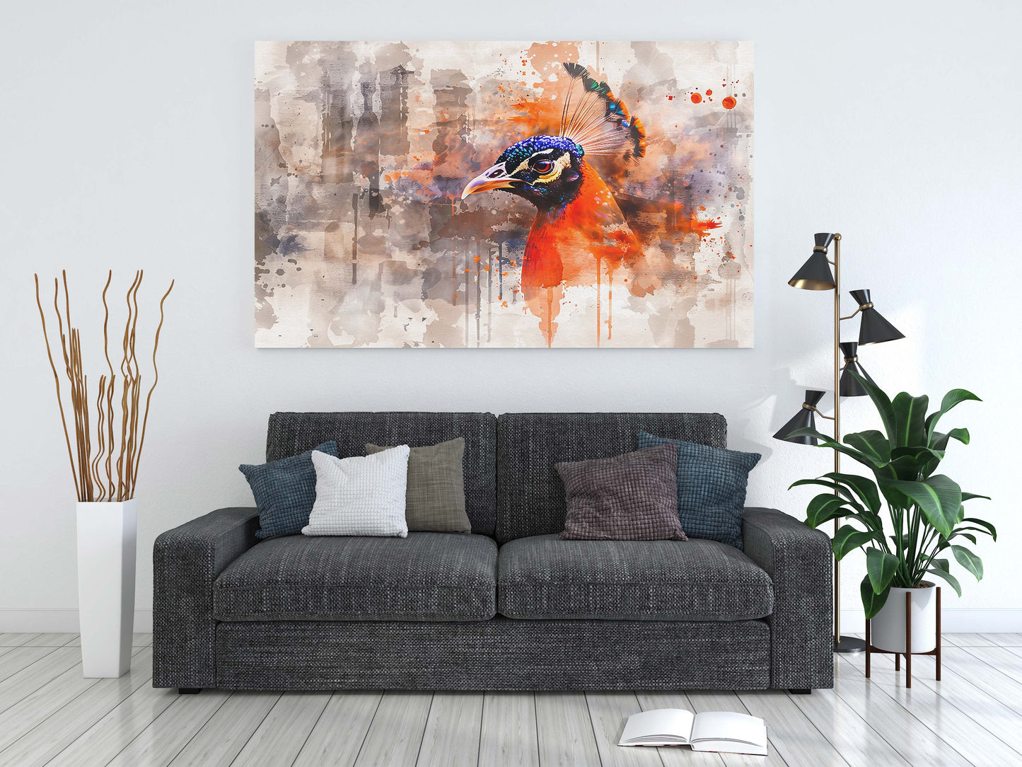 Vibrant Peacock Majesty: Abstract Watercolor Canvas Wall Art