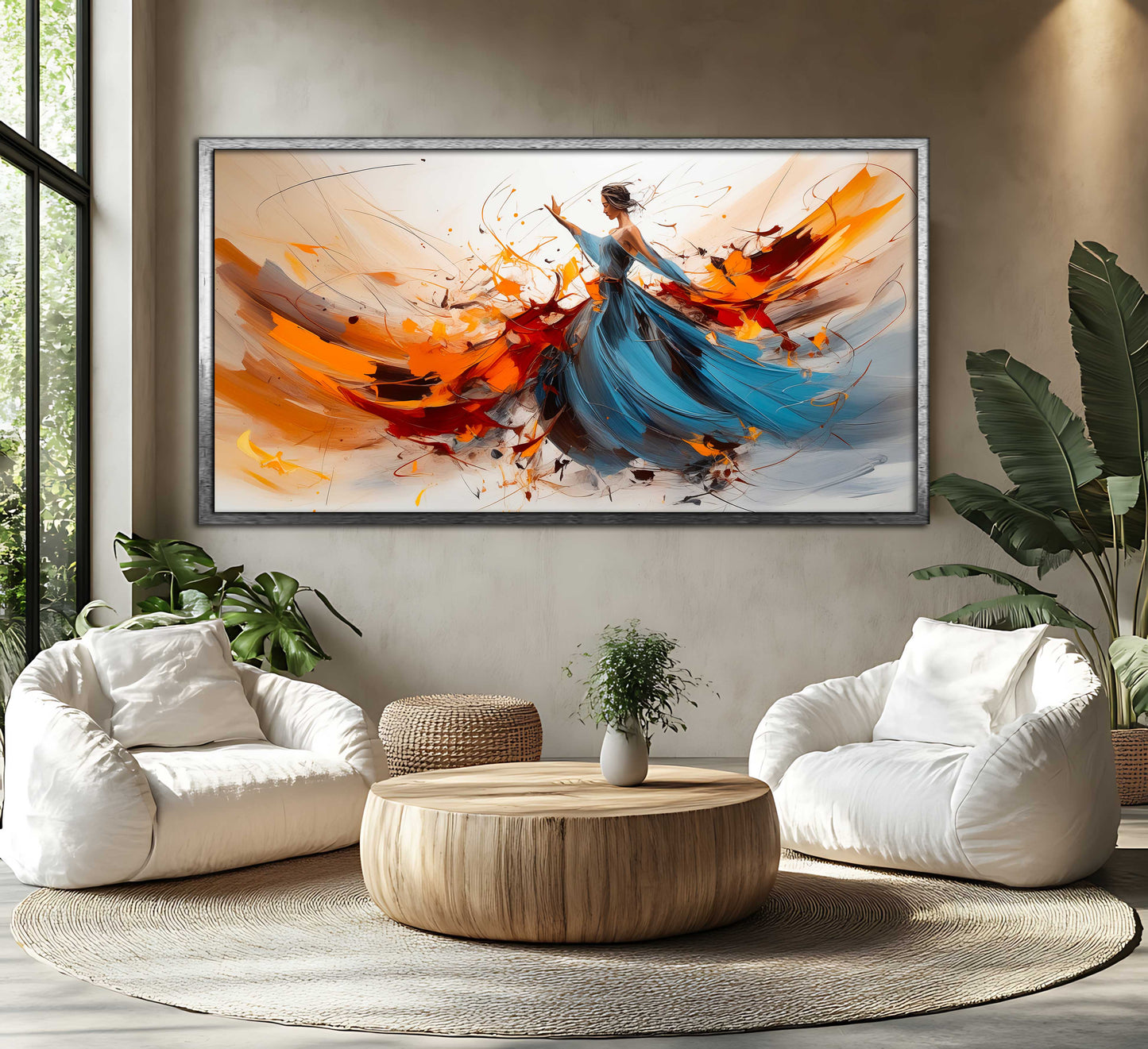 Abstract Woman in Blue Dress Canvas Art - Dynamic Motion Wall Decor - Vibrant Orange and Blue Expressive Painting for Modern Home