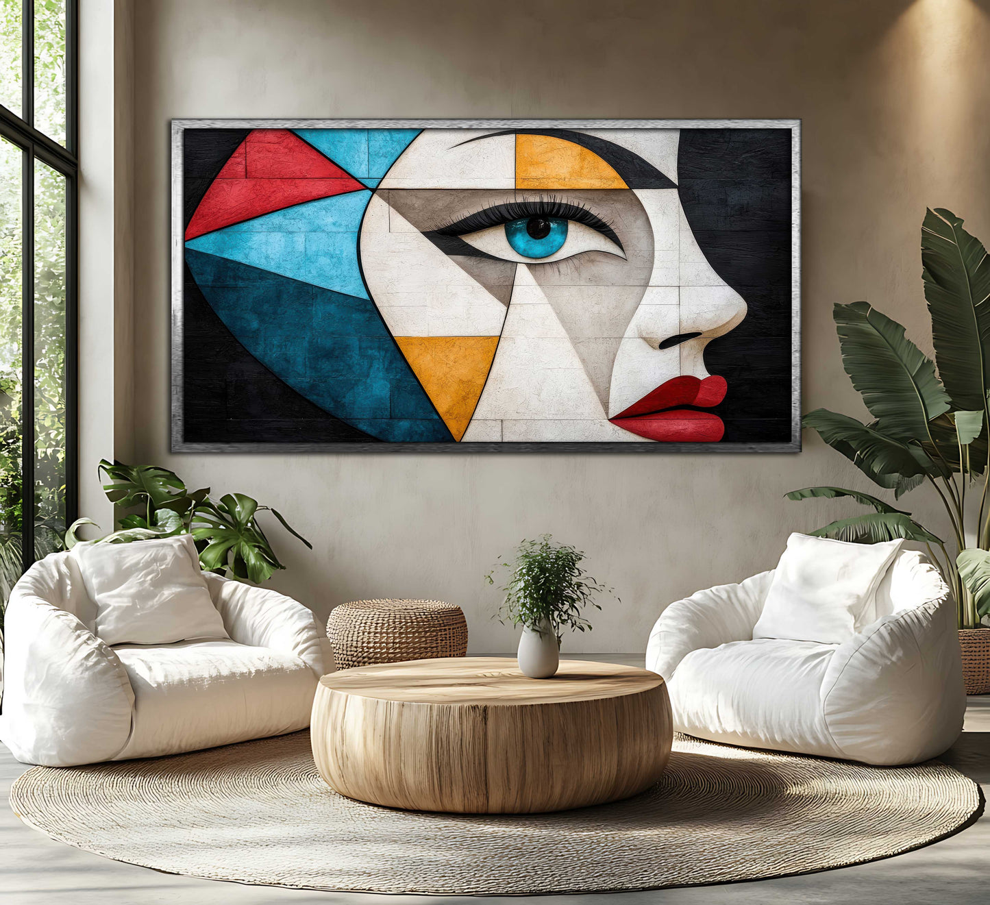 Modern Cubist Profile Canvas Art - Geometric Face Wall Decor - Abstract Blue Eye & Red Lips Print