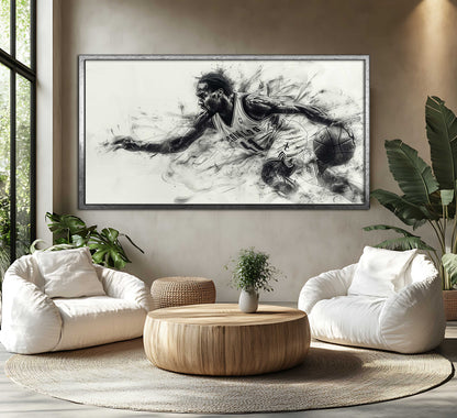 Dynamic Basketball Player Action Art - Charcoal Sketch Style Canvas Print - Modern Sports Wall Decor for Man Cave, Office, or Gym