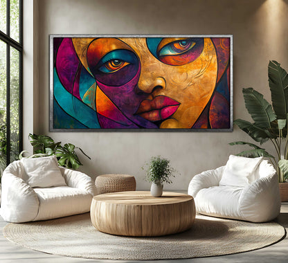 Vibrant Abstract Portrait Canvas Art - Modern Expressive Eyes Wall Decor - Colorful Textured Face Painting for Living Room or Bedroom