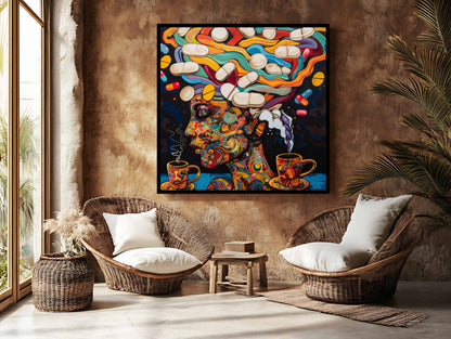 "Cosmic Caffeine and Clarity" - Psychedelic Canvas Painting of Coffee and Pills