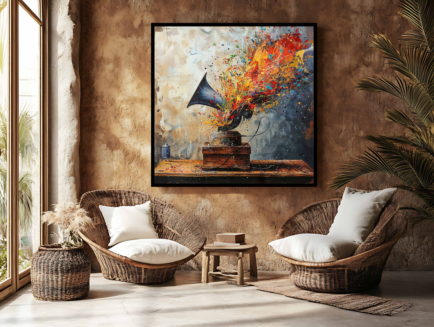 Sonic Spectrum: Explosive Vintage Gramophone Abstract Canvas Art