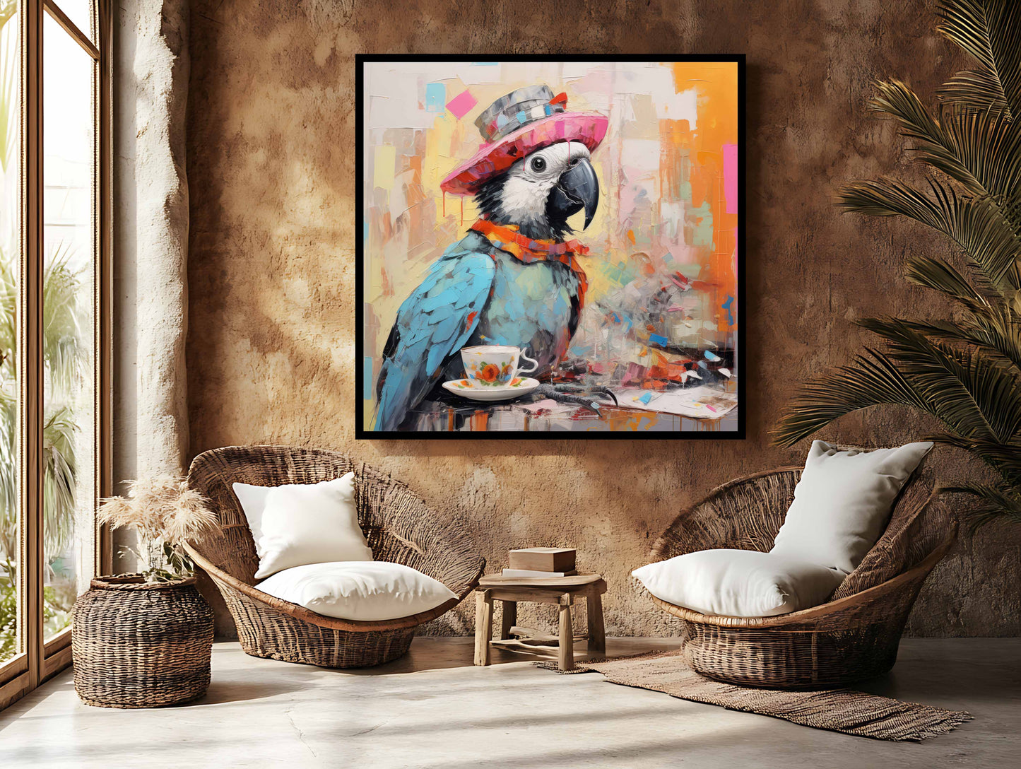 "The Tea Party Traveler" | Whimsical Surrealist Parrot Canvas Art