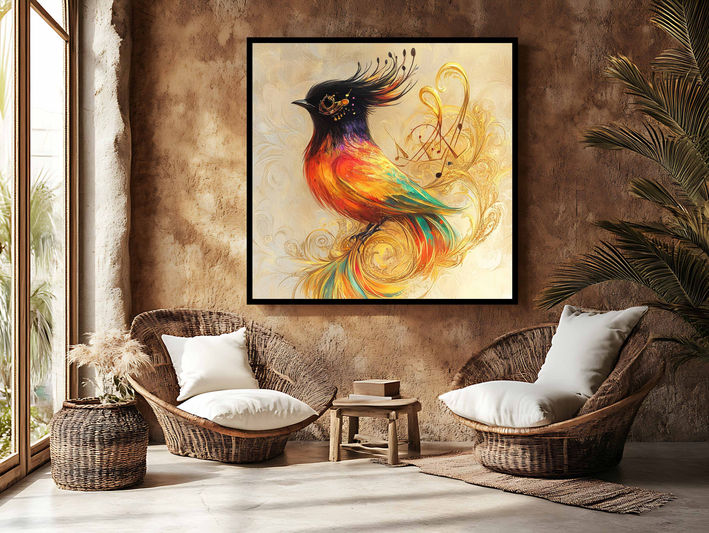 Golden Symphony: Vibrant Canvas Art of a Whimsical Firebird
