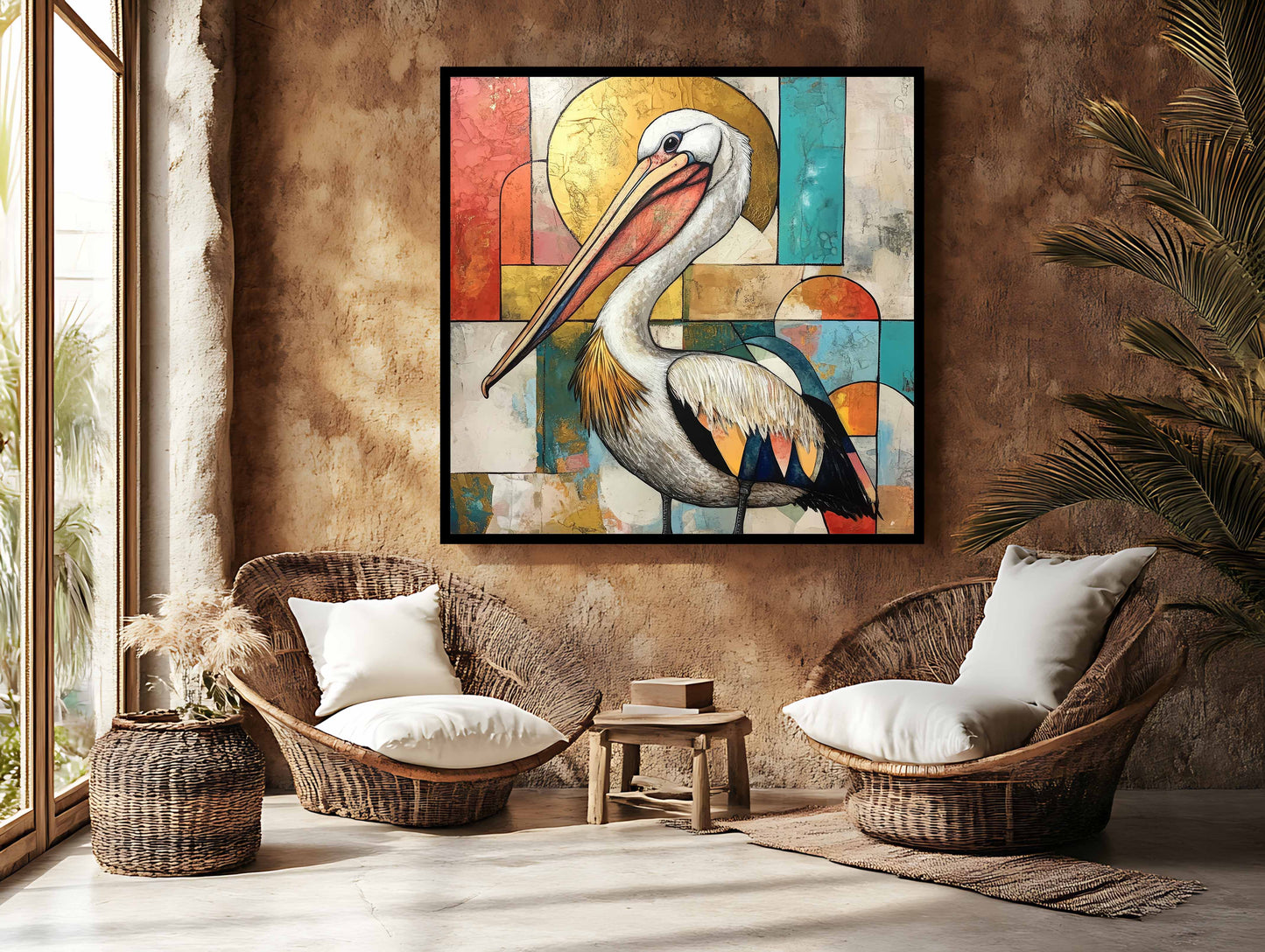 Aurelian Grace: Abstract Pelican Mixed-Media Canvas Art
