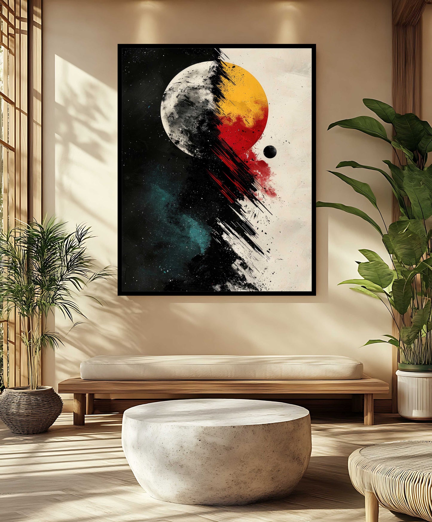 Cosmic Duality: Abstract Moon and Sun Canvas Wall Art